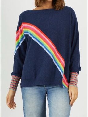 Zaket & Plover Rainbow Cashmere Blend Sweater Navy Boat Neck Dopamine Small